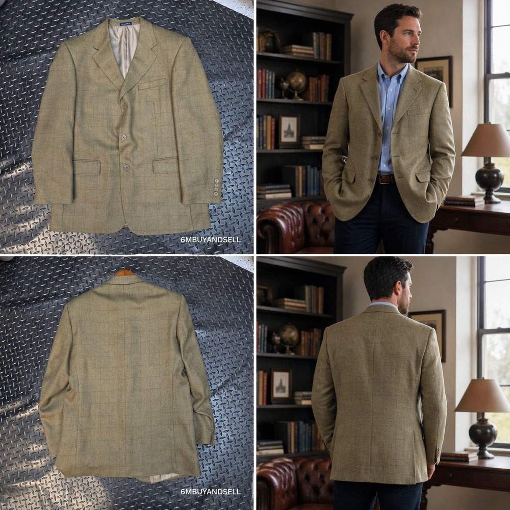 J.G. Hook Mens 42R Lambswool Blazer Tan‎ Windowpane 3 Button Sport Coat Jacket